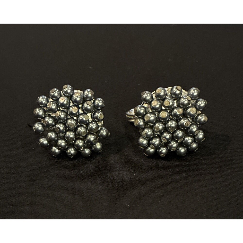 Vintage Monet Hematite Gray Bead Cluster Clip On Earrings Signed